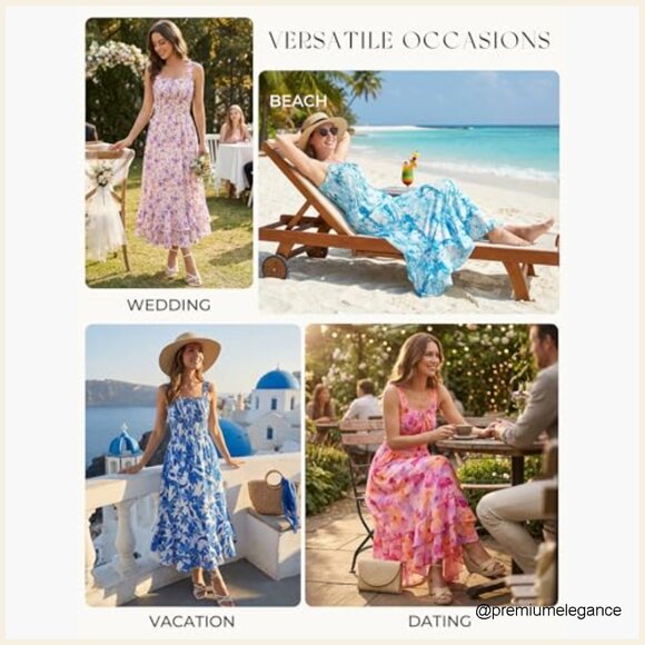 Floral Maxi Dress Square Neck Strapped A-Line Sundress Beach Vacation - Picture 6 of 7